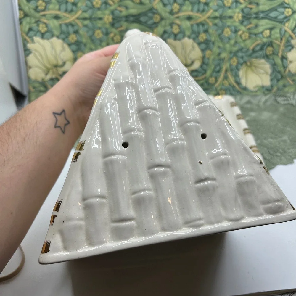 Vintage Cheese Keeper Block Triangle Ceramic Covered Vented Dish Gold White